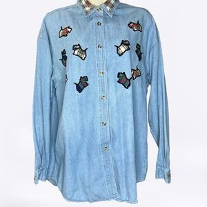 Solutions Original Vintage Scottie Dog Plaid Denim Button Down Shirt Womens M